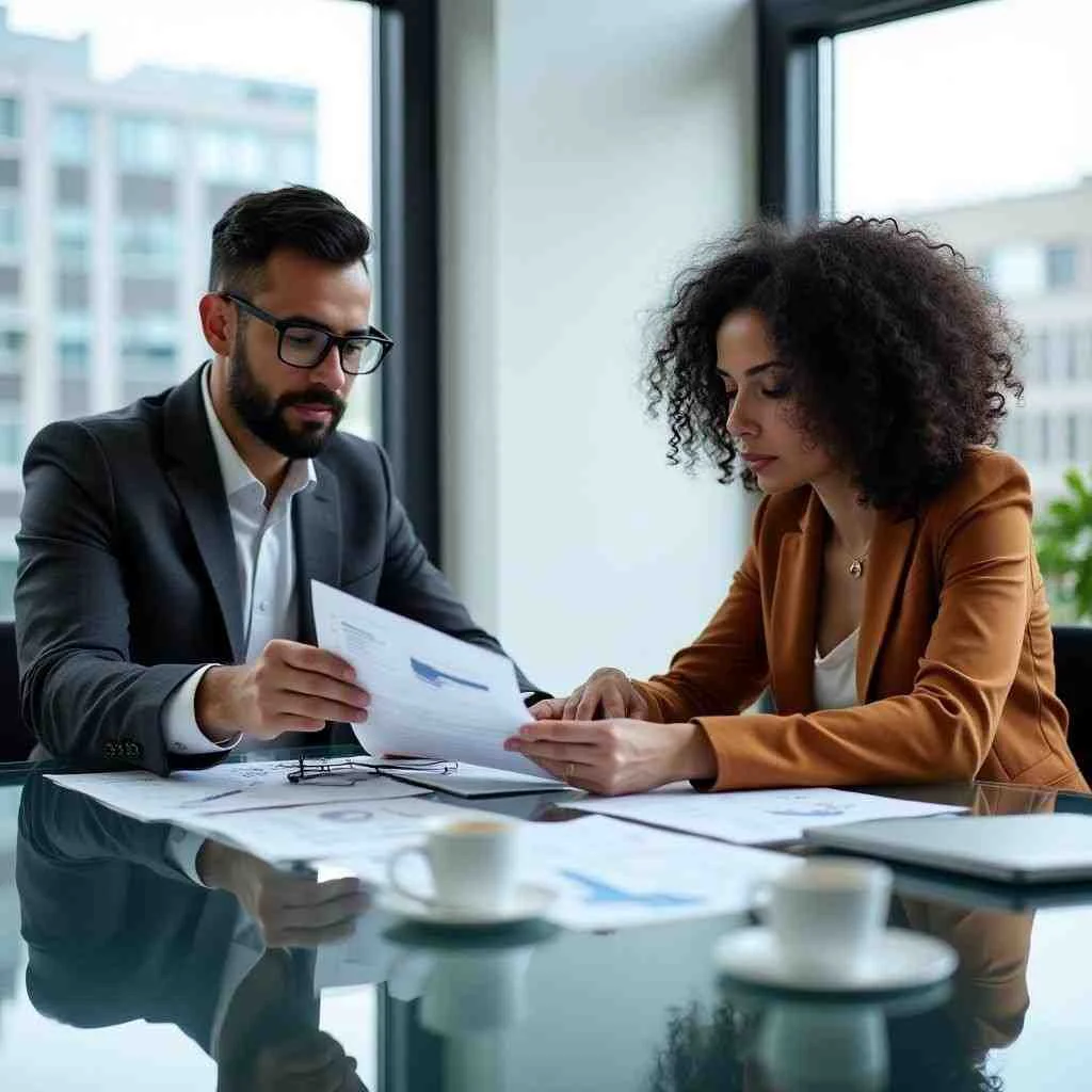 How much does an accountant cost per month UK. Professional accountant explaining fixed monthly accounting packages, bookkeeping, VAT returns, payroll, and tax services to a small business owner in the UK.